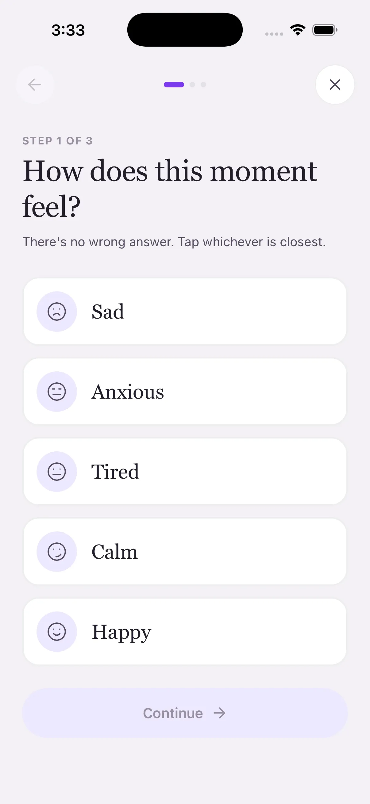 Mood check-in screen in Becoming.