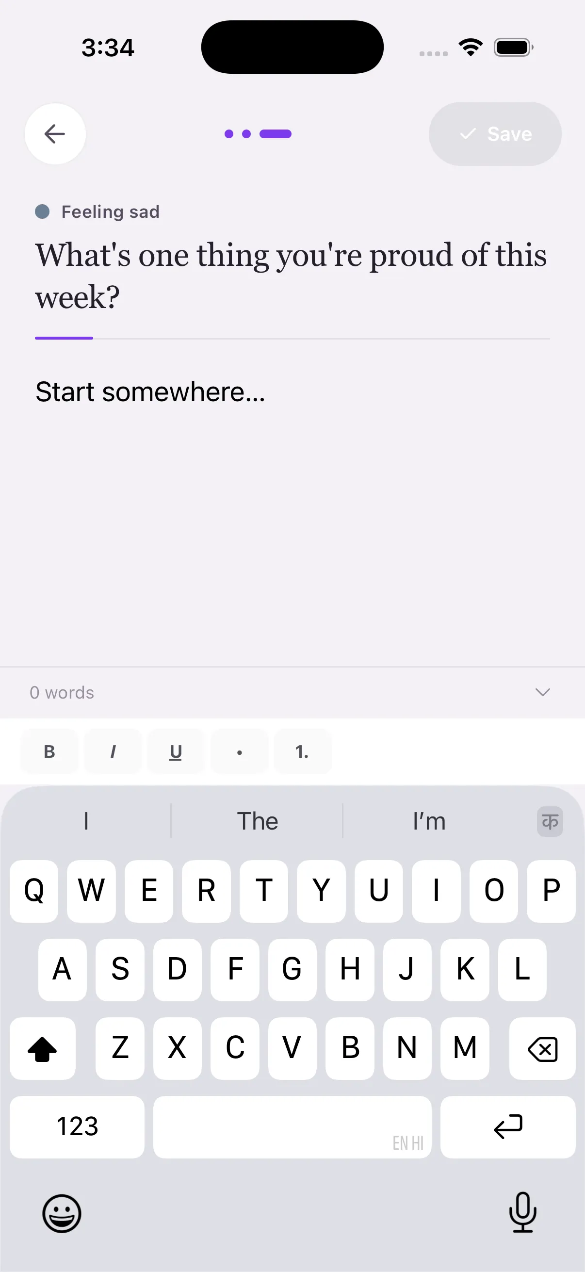 Writing screen with a guided prompt in Becoming.